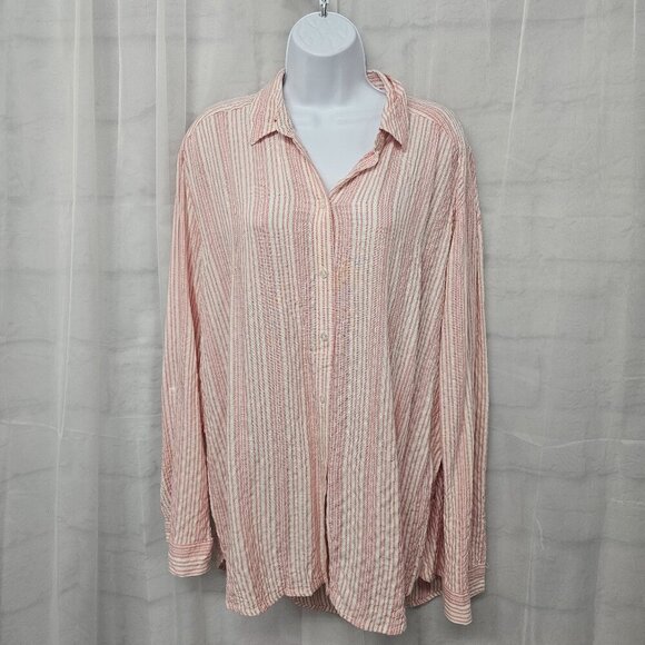 Jane + Delancey Pink White Striped Roll Tab Hi-low Blouse Beach Summer M - Picture 13 of 13